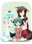  3girls absurdres animal_ears bare_shoulders breasts brooch brown_hair closed_eyes collarbone dress fang green_eyes green_hair hat highres imaizumi_kagerou inubashiri_momiji jewelry kasodani_kyouko long_hair looking_at_another looking_up multiple_girls open_mouth pom_pom_(clothes) red_eyes short_hair silver_hair sitting tail tokin_hat touhou trait_connection v_arms wariza wolf_ears wolf_tail 