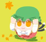 1girl :3 animal_ears autumn_leaves bkub cat_ears cat_tail chen hands_on_headwear looking_at_viewer looking_up multiple_tails ribbon simple_background solo tail touhou 