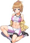  1girl bare_legs bare_shoulders bike_shorts blue_eyes blush breasts brown_hair collarbone gundam gundam_build_fighters gundam_build_fighters_try hoshino_fumina jacket large_breasts looking_at_viewer matsuryuu midriff navel ponytail scrunchie simple_background smile solo sports_bra white_background 