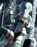  1girl aqua_hair black_gloves blue_eyes chaps fingerless_gloves gloves gun hair_ornament hairclip handgun haribote_(tarao) highres magazine_(weapon) magazine_ejection scarf shinon_(sao) short_hair short_shorts shorts solo sword_art_online taking_cover weapon 