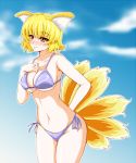  1girl animal_ears bikini blonde_hair flak_(pawa20xx) fox_ears fox_tail short_hair swimsuit tail touhou yakumo_ran yellow_eyes 