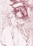  1girl animal_ears bamboo carrot carrot_necklace colored_pencil_(medium) dress inaba_tewi monochrome moon myo-gateien night rabbit rabbit_ears short_hair sketch smile solo touhou traditional_media 