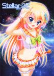  1girl :d absurdres blonde_hair blue_eyes hair_ornament highres holding ichi_rin long_hair looking_at_viewer microphone milky_way navel open_mouth original pleated_skirt salute skirt smile solo space star_(sky) 