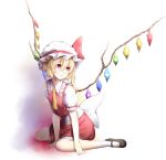  1girl ascot blonde_hair bow dress flandre_scarlet hat hat_bow lauqe mob_cap open_mouth puffy_short_sleeves puffy_sleeves red_dress red_eyes sash shirt short_sleeves side_ponytail sitting solo touhou wariza wings 