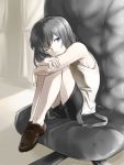  1boy black_hair blue_eyes chair child curtains fetal_position necktie one_eye_closed short_hair shorts sitting smile solo toono_shiki_(2) tsukihime younger 