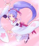  1girl anmitsu_komachi arakawa_tarou cure_fortune detached_sleeves earrings eyelashes hair_ornament hair_ribbon happinesscharge_precure! happy highres hikawa_iona japanese_clothes jewelry kimono long_hair looking_at_viewer magical_girl ponytail precure purple_hair ribbon smile solo violet_eyes 