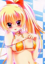  1girl :p absurdres bikini bikini_pull blonde_hair blue_eyes blush breasts checkered checkered_background cleavage highres ichi_rin navel ponytail swimsuit tongue tongue_out yellow_bikini 