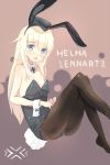  1girl animal_ears blonde_hair blue_eyes blush bunny_tail bunnysuit character_name cuffs detached_collar fake_animal_ears hat helma_lennartz highres oi_ke open_mouth pantyhose solo strike_witches tail 