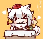  &gt;_&lt; 1girl animal_ears blush cake chibi cup food food_on_face fork fruit hat heart inubashiri_momiji nuu_(nu-nyu) plate short_hair smile smoke strawberry strawberry_shortcake table tablecloth tail tail_wagging tea teacup tokin_hat touhou translated white_hair wolf_ears wolf_tail yellow_background 