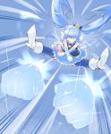  1girl angry arakawa_tarou attack blue blue_background blue_hair blue_legwear blue_skirt boots crown cure_princess hair_ornament hair_ribbon happinesscharge_precure! high_heel_boots high_heels highres jewelry long_hair magical_girl precure ribbon shirayuki_hime shirt simple_background skirt solo thigh-highs thighs twintails vest wrist_cuffs 