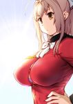  1girl :&lt; ahoge amagi_brilliant_park bra breasts brown_eyes brown_hair bust hand_on_hip purple_bra sento_isuzu solo ueyama_michirou underwear 