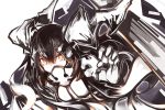  1girl anchorage_water_oni black_hair covering_mouth deel_(rkeg) horns kantai_collection long_hair orange_eyes shinkaisei-kan simple_background solo white_background white_skin 