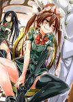  2girls admiral_(kantai_collection) arms_between_legs black_gloves black_hair black_legwear breasts brown_hair chikuma_(kantai_collection) gloves green_shirt grin hair_ribbon kantai_collection long_hair looking_at_another military military_uniform multiple_girls no_panties petting ribbon side_slit single_glove single_thighhigh sitting smile spread_legs standing thigh-highs tone_(kantai_collection) toyo_(toyozine2009) twintails uniform very_long_hair yellow_eyes 