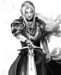  1girl androgynous armor faulds greyscale highres kekai_kotaki long_hair monochrome pauldrons payot pointy_ears sheik solo sword the_legend_of_zelda turban weapon 