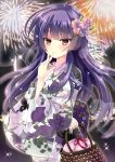  fireworks girlfriend_(kari) japanese_clothes kagurazaka_saya kimono long_hair night pink_eyes smile violet_hair 