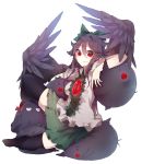  1girl :&lt;&gt; :3 absurdres bird_wings black_hair black_legwear black_wings bow cat_tail flat_gaze hair_bow highres implied_pantyshot kaenbyou_rin kaenbyou_rin_(cat) long_hair looking_at_viewer multiple_tails red_eyes reiuji_utsuho reiuji_utsuho_(bird) senshuu_kou shirt short_sleeves sitting skirt spread_legs tail thigh-highs thigh_beads third_eye touhou very_long_hair wings zettai_ryouiki 