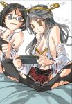  2girls armadillo-tokage breasts cleavage detached_sleeves glasses hairband haruna_(kantai_collection) japanese_clothes kantai_collection kirishima_(kantai_collection) long_hair multiple_girls nontraditional_miko playing_games short_hair skirt thigh-highs torn_clothes torn_thighhighs 