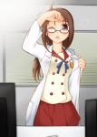  1girl arakawa_tarou brown_eyes brown_hair character_request eyelashes glasses happinesscharge_precure! labcoat long_hair looking_at_viewer precure school_uniform shirt skirt solo standing tagme twintails 