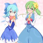  2girls ascot blue_dress blue_eyes blue_hair blush bow box c: carrying cato_(monocatienus) chocolate chocolate_heart cirno daiyousei dress gift gift_box green_eyes green_hair hair_bow hair_ribbon heart ice ice_wings long_hair looking_at_viewer multiple_girls ribbon side_ponytail smile touhou wings 