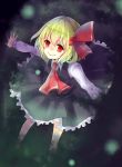  1girl ascot blonde_hair bow dark hair_bow highres mimoto_(aszxdfcv) outstretched_arms red_eyes rumia sash short_hair solo touhou 