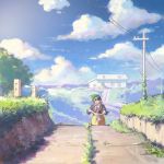  1girl blue_sky clouds cloudy_sky driving faux_traditional_media green_hair hatsuseno_alpha ilya_kuvshinov motor_vehicle necktie road scooter short_hair sky solo sunglasses vehicle vespa yokohama_kaidashi_kikou 