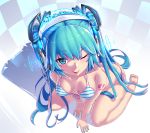  1girl ;p all_fours aqua_eyes aqua_hair bare_shoulders barefoot bikini blue_eyes blush breasts dev downblouse from_above front-tie_top hair_ornament hatsune_miku headphones highres long_hair looking_at_viewer nail_polish one_eye_closed open_mouth revision shiny shiny_skin side-tie_bikini simple_background sitting smile solo strap_gap striped striped_bikini striped_swimsuit swimsuit tongue tongue_out twintails very_long_hair vocaloid wariza 
