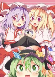  +_+ 3girls bat_wings blonde_hair dress fang flandre_scarlet green_eyes green_hair hat hat_ribbon kan_lee komeiji_koishi mob_cap multiple_girls open_mouth pen pink_dress puffy_short_sleeves puffy_sleeves purple_hair red_dress remilia_scarlet ribbon sash short_sleeves siblings side_ponytail sisters smile third_eye touhou violet_eyes wings 