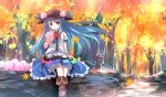  1girl autumn autumn_leaves blue_hair bow food forest fruit hat highres hinanawi_tenshi long_hair nature peach pink_eyes puffy_short_sleeves puffy_sleeves risutaru shirt short_sleeves sitting skirt smile solo touhou wind 