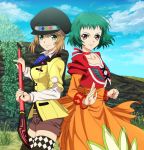  2girls blazer brown_eyes brown_hair choker cropped_jacket dress farah_oersted fighting_stance green_eyes green_hair leia_rolando multiple_girls orange_dress short_hair shorts smile staff tales_of_(series) tales_of_eternia tales_of_xillia tales_of_xillia_2 thigh-highs touichi_yuuto trait_connection 