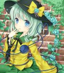  1girl blue_eyes blue_rose blush bow flower green_hair hand_to_own_mouth harukaruha hat hat_bow heart heart-shaped_pupils heart_of_string komeiji_koishi rose sash solo symbol-shaped_pupils touhou wide_sleeves 
