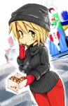  1girl adapted_costume beanie blonde_hair blush contemporary crescent eating food harusame_(unmei_no_ikasumi) hat lunasa_prismriver mittens pants short_hair small_breasts solo sweater sweatpants takoyaki touhou 