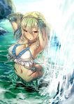  1girl absurdres armpits arms_up blonde_hair blush breasts gills gradient_hair green_hair hairband highres large_breasts long_hair mermaid monster_girl multicolored_hair navel nekotama1987 original partially_submerged red_eyes solo water waterfall 