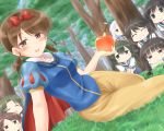  6+girls :d apple ayanami_(kantai_collection) black_hair blush bow braid brown_hair chibi closed_eyes commentary_request disney dress food forest fruit fubuki_(kantai_collection) green_eyes hair_bow hairband hatsuyuki_(kantai_collection) highres isonami_(kantai_collection) kamelie kantai_collection low_twintails miyuki_(kantai_collection) multiple_girls murakumo_(kantai_collection) nature open_mouth red_eyes school_uniform serafuku shikinami_(kantai_collection) shirayuki_(kantai_collection) short_hair short_twintails silver_hair sitting skirt smile snow_white_(cosplay) snow_white_(disney) snow_white_(disney)_(cosplay) snow_white_and_the_seven_dwarfs twin_braids twintails v 