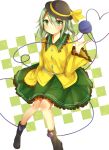  1girl blouse boots checkered checkered_background finata full_body green_eyes green_hair hat hat_ribbon heart heart_of_string highres knees_together_feet_apart komeiji_koishi ribbon short_hair skirt solo third_eye touhou 