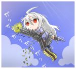  chibi firing flying gatling_gun gun karukan_(monjya) machine_gun minigun red_eyes silver_hair skirt sky suguri suguri_(character) weapon 