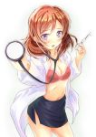  1girl bra breasts coat collarbone doctor labcoat looking_at_viewer love_live!_school_idol_project midriff miniskirt navel nijiho_nijihasi nishikino_maki open_clothes open_coat open_mouth pencil_skirt pov pov_eye_contact red_bra redhead short_hair skirt skirt_set stethoscope syringe underwear violet_eyes 