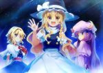 3girls :d :o alice_margatroid apron blonde_hair braid brown_eyes capelet crescent hairband hat k.ei kirisame_marisa long_hair looking_at_viewer mob_cap multiple_girls nightgown open_mouth patchouli_knowledge purple_hair sash short_hair single_braid sky smile star_(sky) starry_sky touhou turtleneck very_long_hair vest violet_eyes waist_apron waving witch_hat 