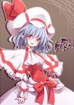  1girl bat blue_hair blush bow capelet hat hat_bow highres open_mouth pointy_ears red_eyes remilia_scarlet solo touhou usamata 