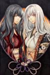  1girl 2girls black_hair breasts brown_eyes expressionless fatal_frame fatal_frame_2 fatal_frame_4 floral_print haibara_sakuya japanese_clothes kamiyamana kimono kureha_(fatal_frame_ii) long_hair marker_(medium) multiple_girls obi sash traditional_media white_hair 