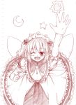  1girl arm_up bow colored_pencil_(medium) crescent_moon dress hair_bow hat monochrome moon myo-gateien one_eye_closed open_mouth ribbon short_hair sketch smile solo star sun sunny_milk touhou traditional_media twintails wings 
