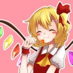  1girl :t ^_^ ascot blonde_hair blouse blush_stickers bust closed_eyes eating flandre_scarlet food fork fruit hair_ribbon holding kameyan melon outline pink_background ribbon short_hair simple_background smile solo touhou vest wings wrist_cuffs 