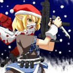  1girl blonde_hair blood explosive green_eyes grenade gun hat mizuhashi_parsee pointy_ears rakku_(10219563) santa_hat scarf short_hair snowing solo touhou weapon 