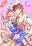  2boys aikabocha alice_(wonderland) alice_(wonderland)_(cosplay) alice_in_wonderland animal_ears asahina_masaomi asahina_wataru bag bowtie brothers brothers_conflict brown_eyes candy cosplay gloves green_eyes kneehighs male multiple_boys necktie open_mouth overalls pink_hair rabbit rabbit_ears satchel short_hair siblings smile striped striped_legwear stuffed_animal stuffed_toy trap v white_gloves white_rabbit white_rabbit_(cosplay) yellow_eyes 