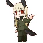  1girl bags_under_eyes bird_tail blonde_hair blush boots chibi erua green_legwear grete_m_gollob head_wings jacket long_hair long_sleeves looking_at_viewer military military_uniform orange_eyes pantyhose simple_background smile solo strike_witches tail uniform white_background 