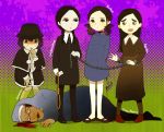  5girls addams_family agatha_(paranorman) black_eyes black_hair black_legwear blood chain character_request crossover esther_(orphan) franken_fran hammer madaraki_veronica multiple_girls orphan paranorman rope stitches tagme tears wednesday_addams worried 