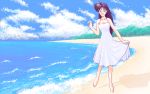  1girl :d barefoot closed_eyes clouds dithering dress dress_lift halterneck happy long_hair open_mouth pixel_art purple_hair seaside shadow smile solo spiky_hair sundress 