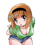  1girl :p arms_behind_back bent_over blush breasts cleavage cutoffs downblouse green_eyes hairband highres hosokawa_miki jigoku_sensei_nube large_breasts looking_at_viewer orange_hair shirai_sanjirou short_hair short_shorts shorts solo tongue tongue_out 