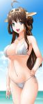  1girl :d ahoge bikini blue_eyes breasts brown_hair byeontae_jagga cleavage hand_on_hip highres kantai_collection kongou_(kantai_collection) large_breasts long_hair navel open_mouth side-tie_bikini smile solo swimsuit 