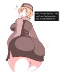  1girl ass blonde_hair blue_eyes breasts character_request curvy earrings english flying_sweatdrops huge_ass jewelry mother_(game) mother_2 mr._cake pantylines short_hair simple_background skirt solo thick_thighs thighs white_background wide_hips 