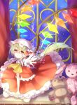  1girl ascot blonde_hair flandre_scarlet hat highres mimoto_(aszxdfcv) outstretched_hand red_eyes sash side_ponytail solo stuffed_animal stuffed_bunny stuffed_toy teddy_bear touhou 